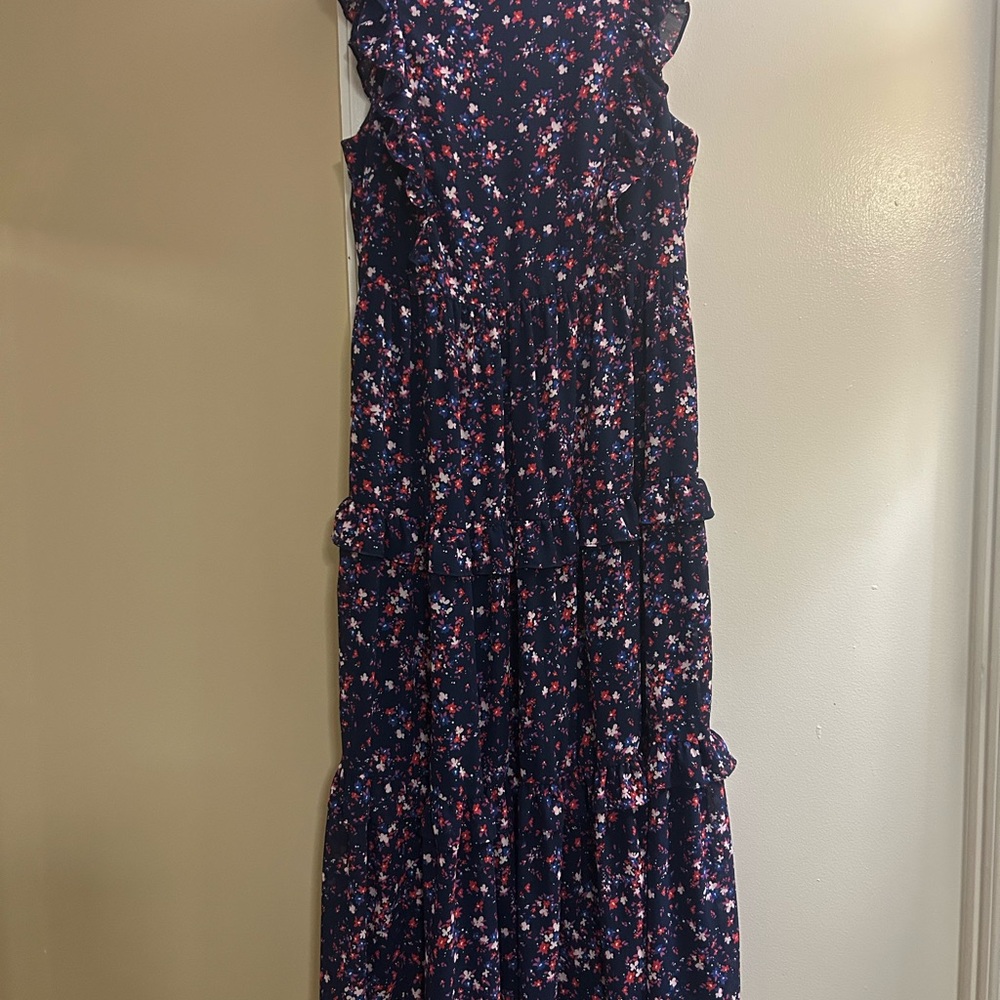 J. Crew Navy Floral Sleeveless Tiered Ruffle Dress